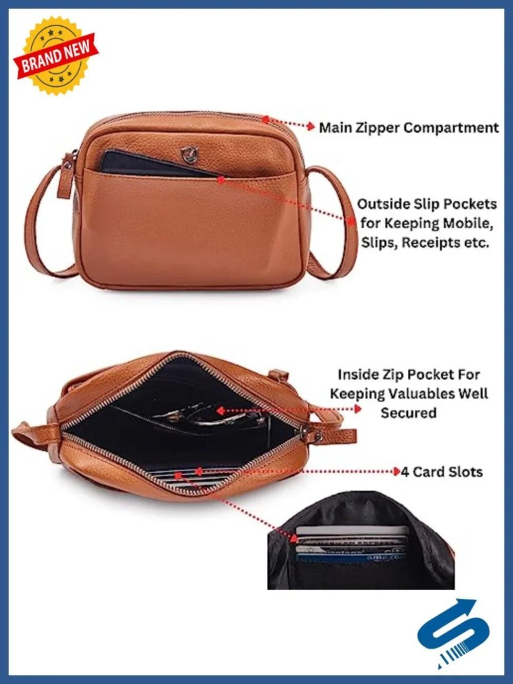 Genuine Leather Crossbody Sling Bag with Card Case